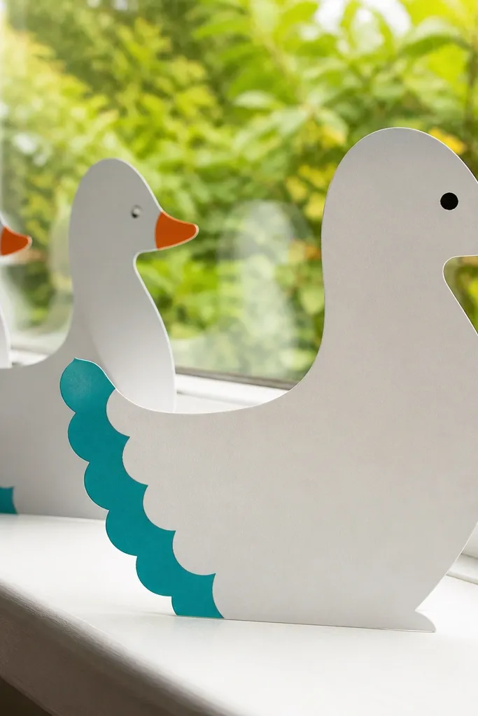 A yellow duck with a scalloped paper tail and clean outline