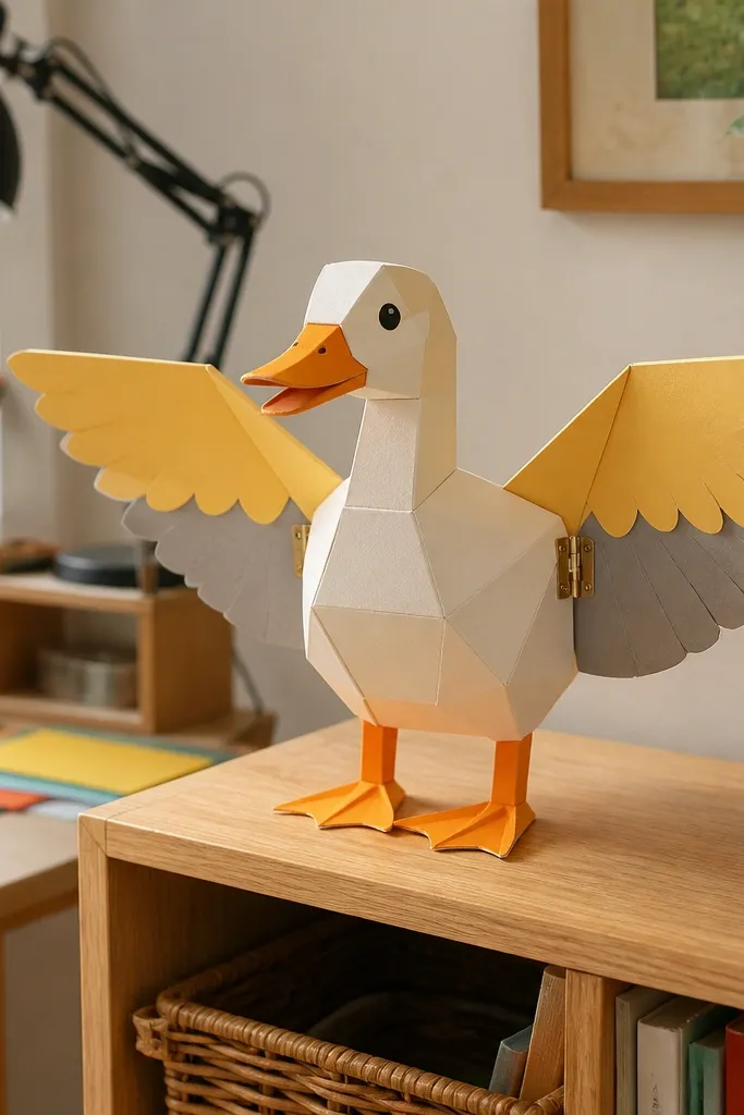 A duck with wings that open upward on paper hinges
