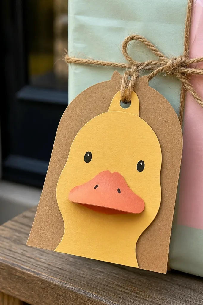 A duck head gift tag with a small flap that folds over