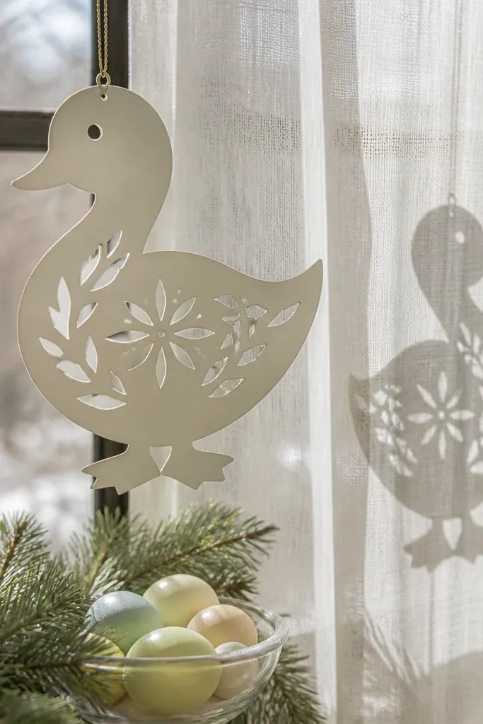 A cutout duck ornament with a hanging loop and simple outline