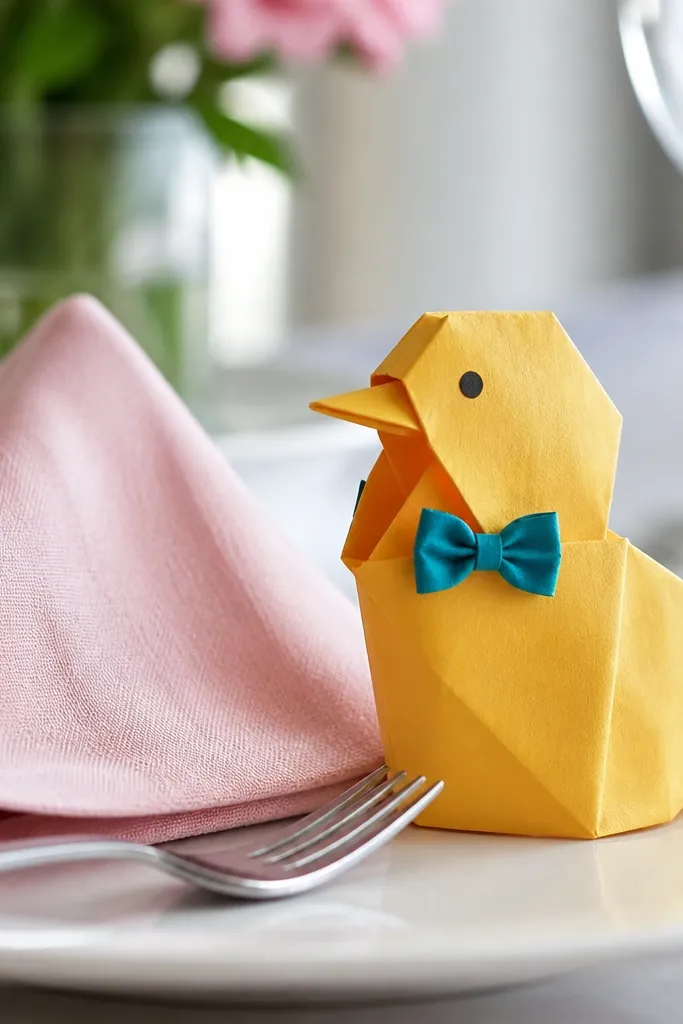 A duck with a small bow tie made from paper strips