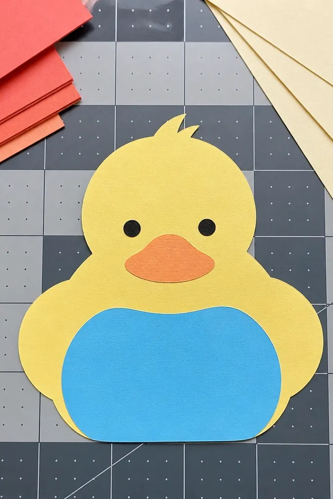 A duck with a layered belly patch in contrasting paper colors