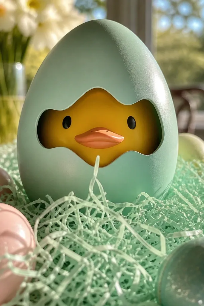 A paper duck egg with a window showing a small duck inside