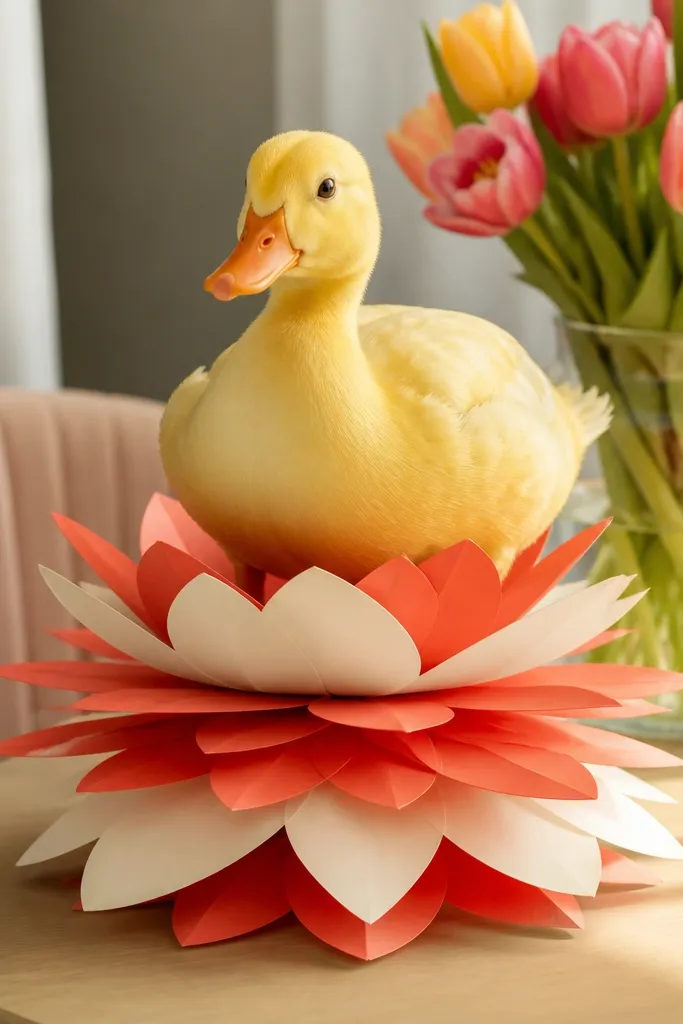 A duck standing on a layered paper flower stand