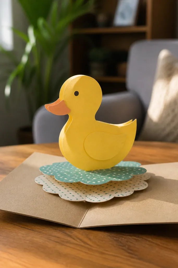 A folded card with a duck pop-up and layered paper feet that stand out