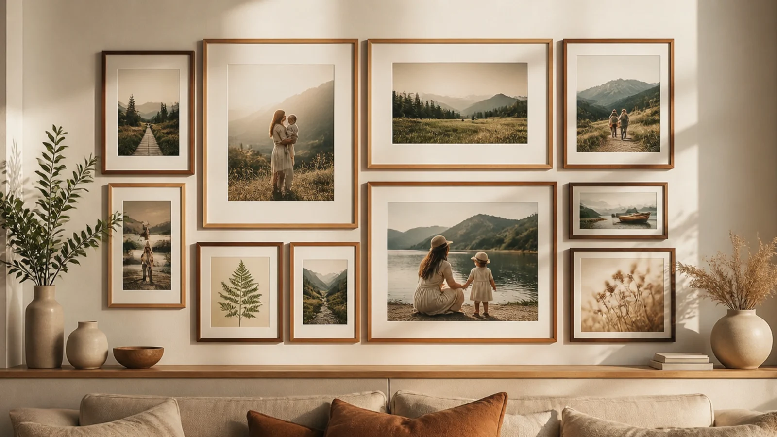 A cluster of mixed-size frames arranged to fill a clean rectangular outline above a sofa, even gaps.