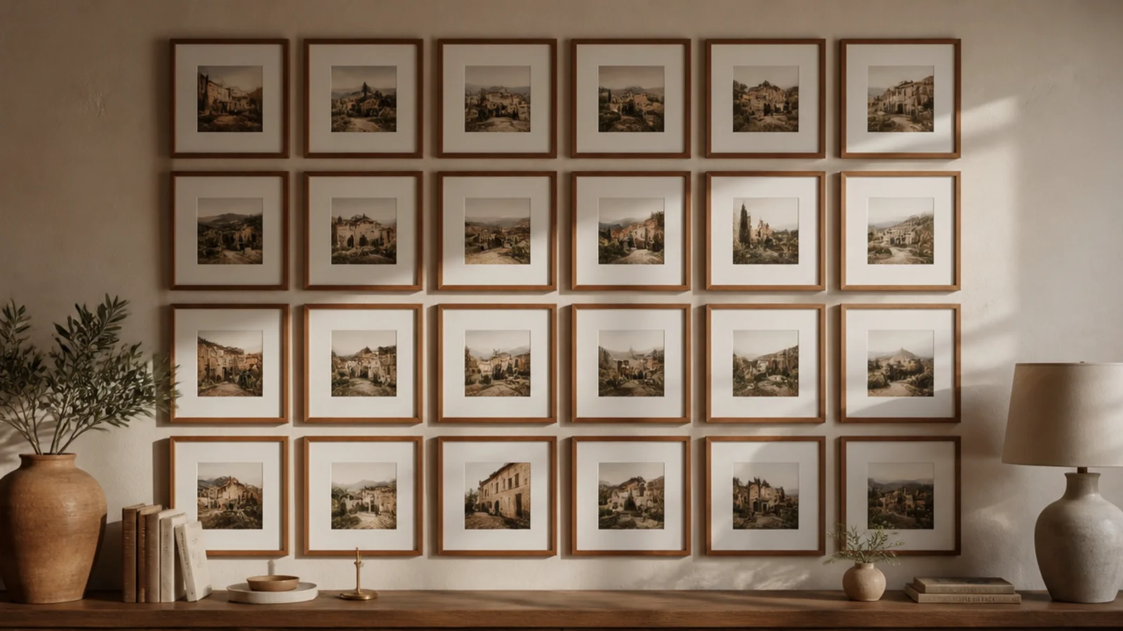 A large grid of identical matching frames in even rows and columns filling a wall, all the same size.