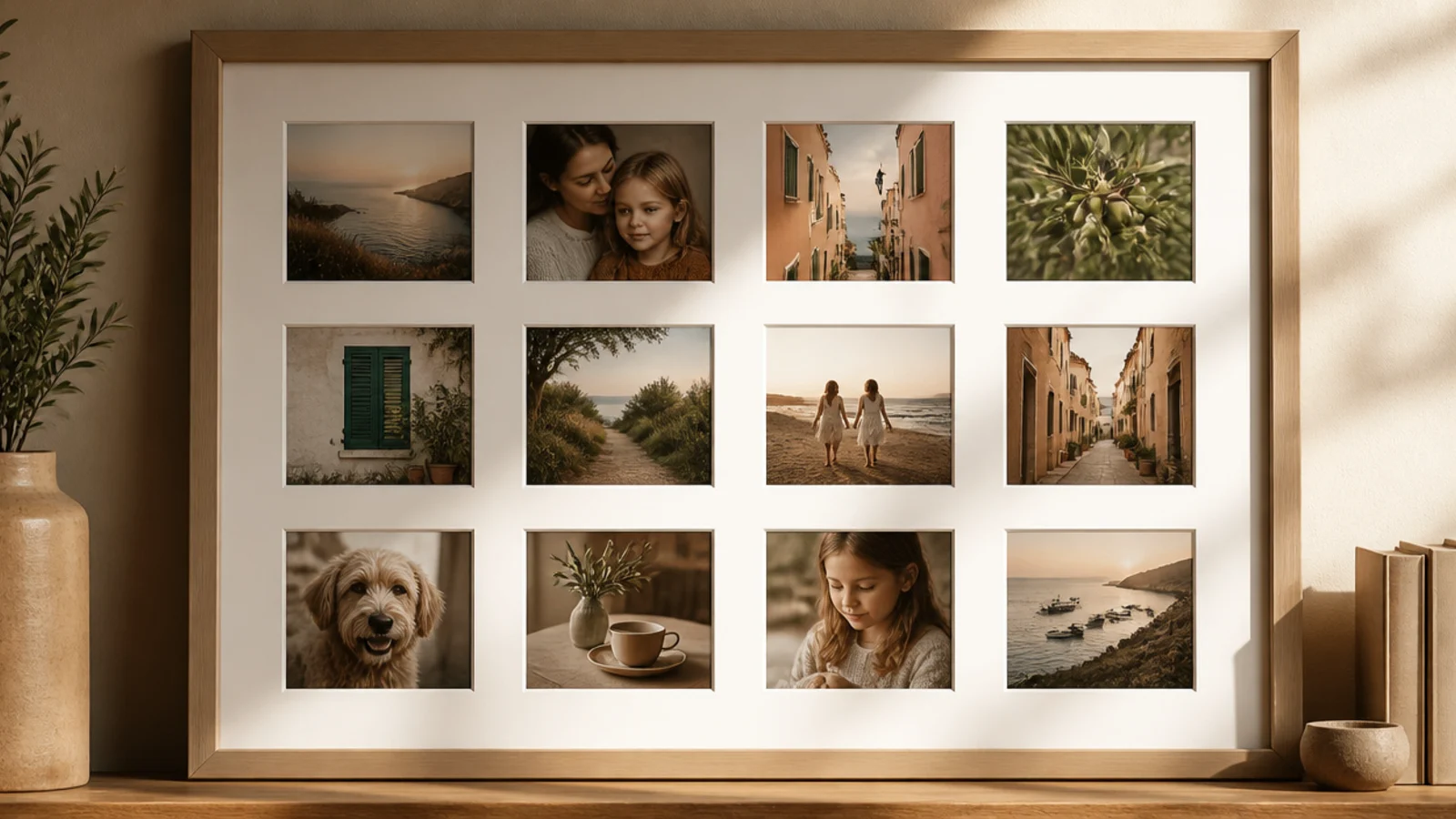 One large frame with many mat openings holding a dozen photos, hung as a single big piece.