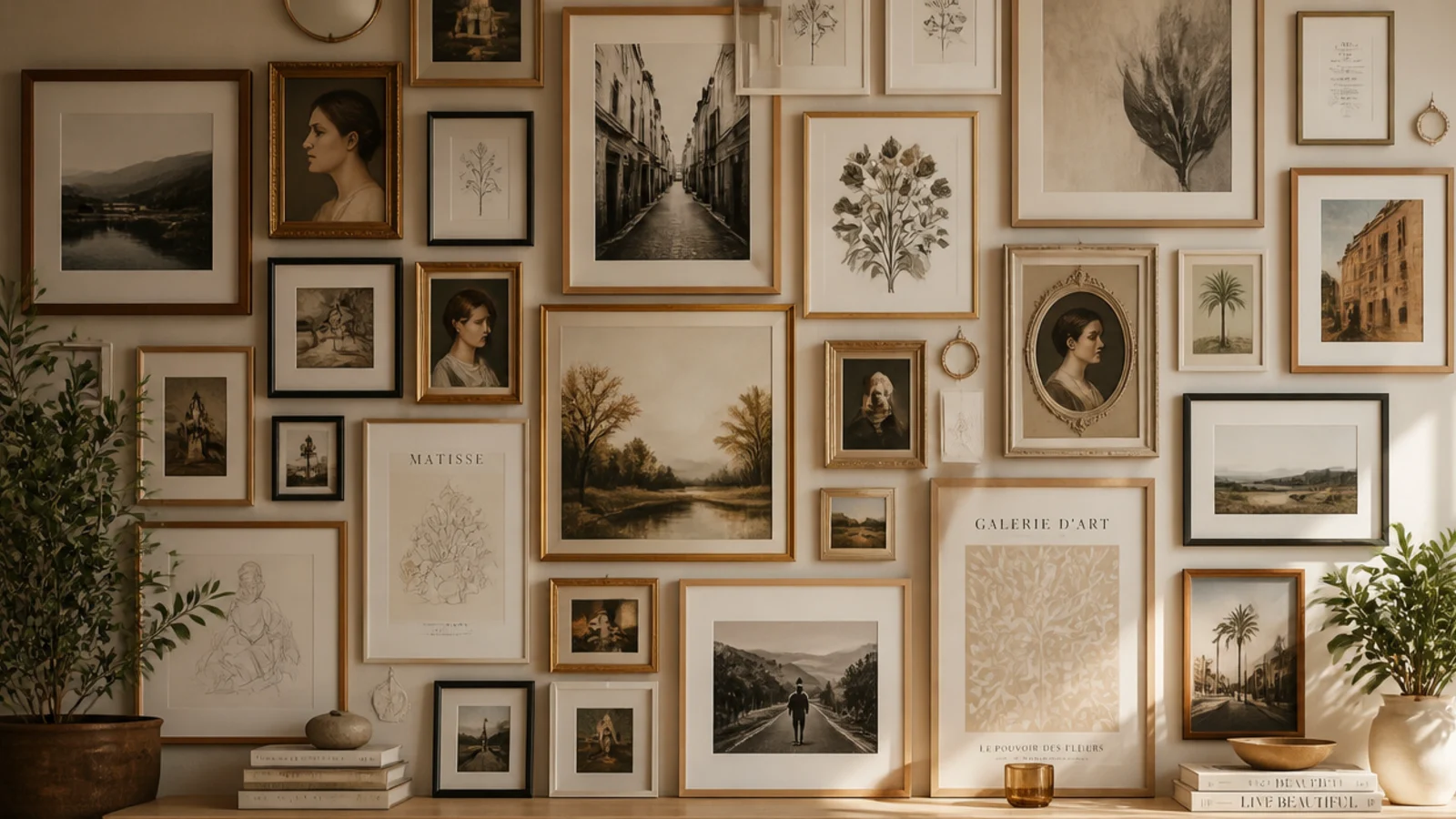 A dense floor-to-ceiling collage of mixed frames covering a whole feature wall, rich and layered.