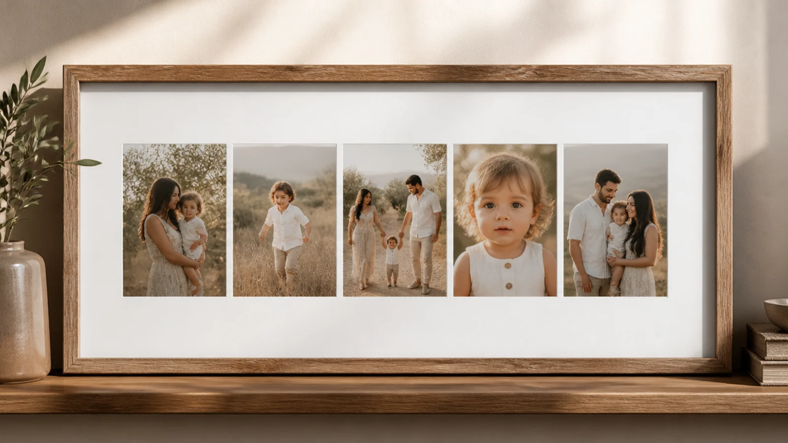 Frames arranged in a long horizontal band across a wide wall, aligned along a strong central line.