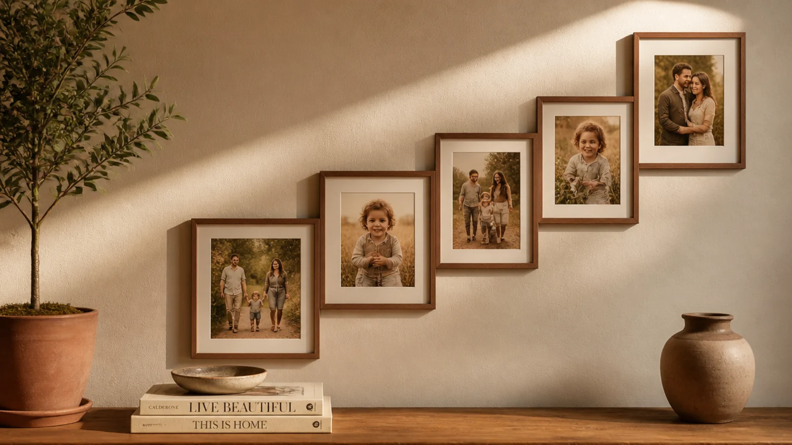 A collage of frames climbing a tall staircase wall in a stepped cluster following the stair angle.