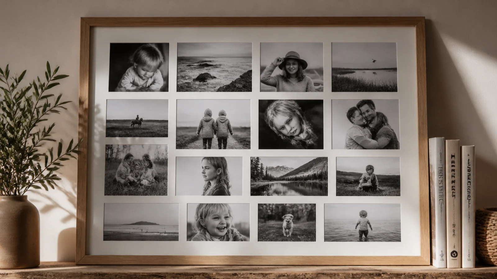 A large collage where every frame holds a black-and-white photo, unifying varied frames into one look.