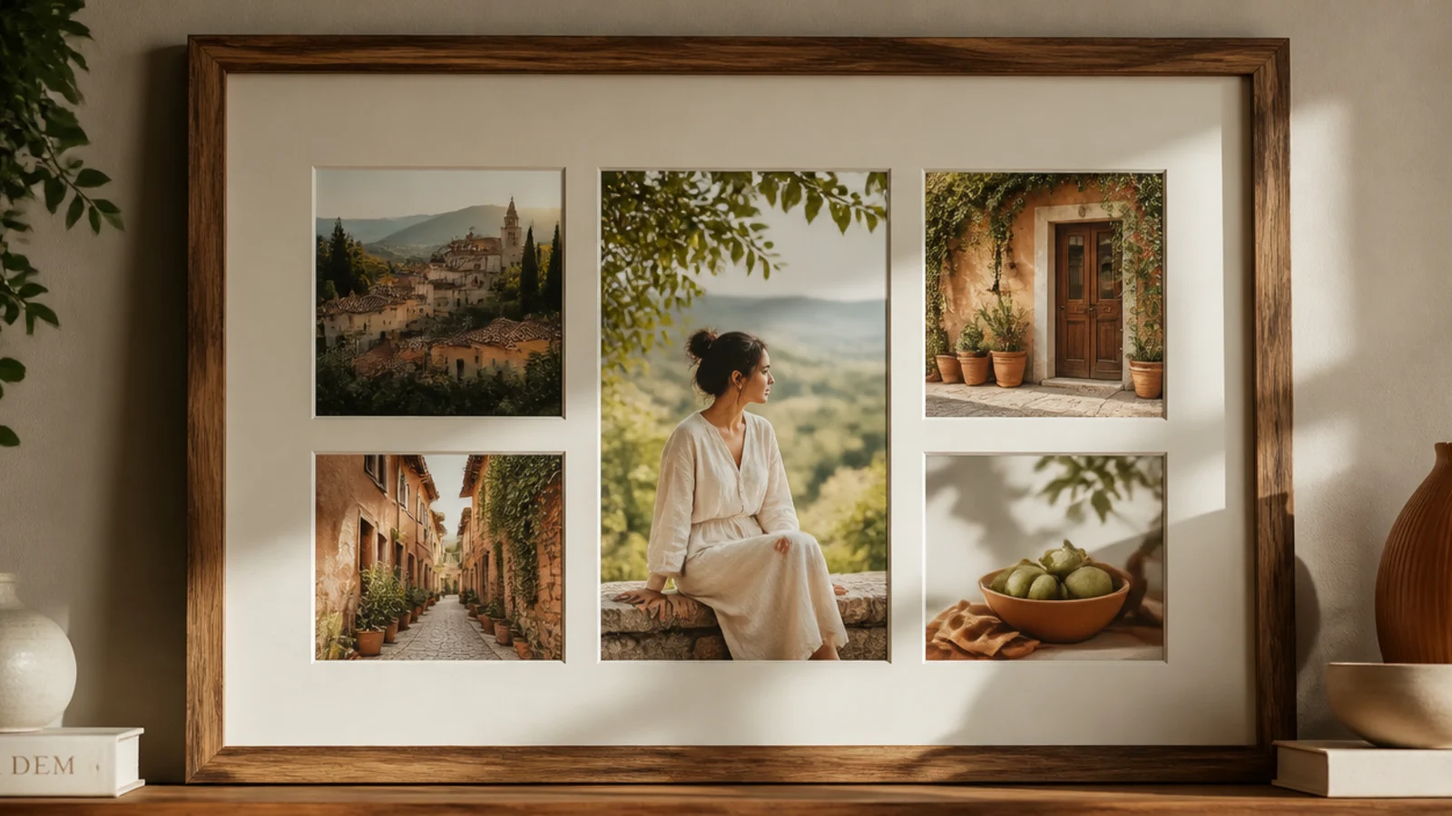 A collage of different frames all unified by identical wide cream mats around each photo.