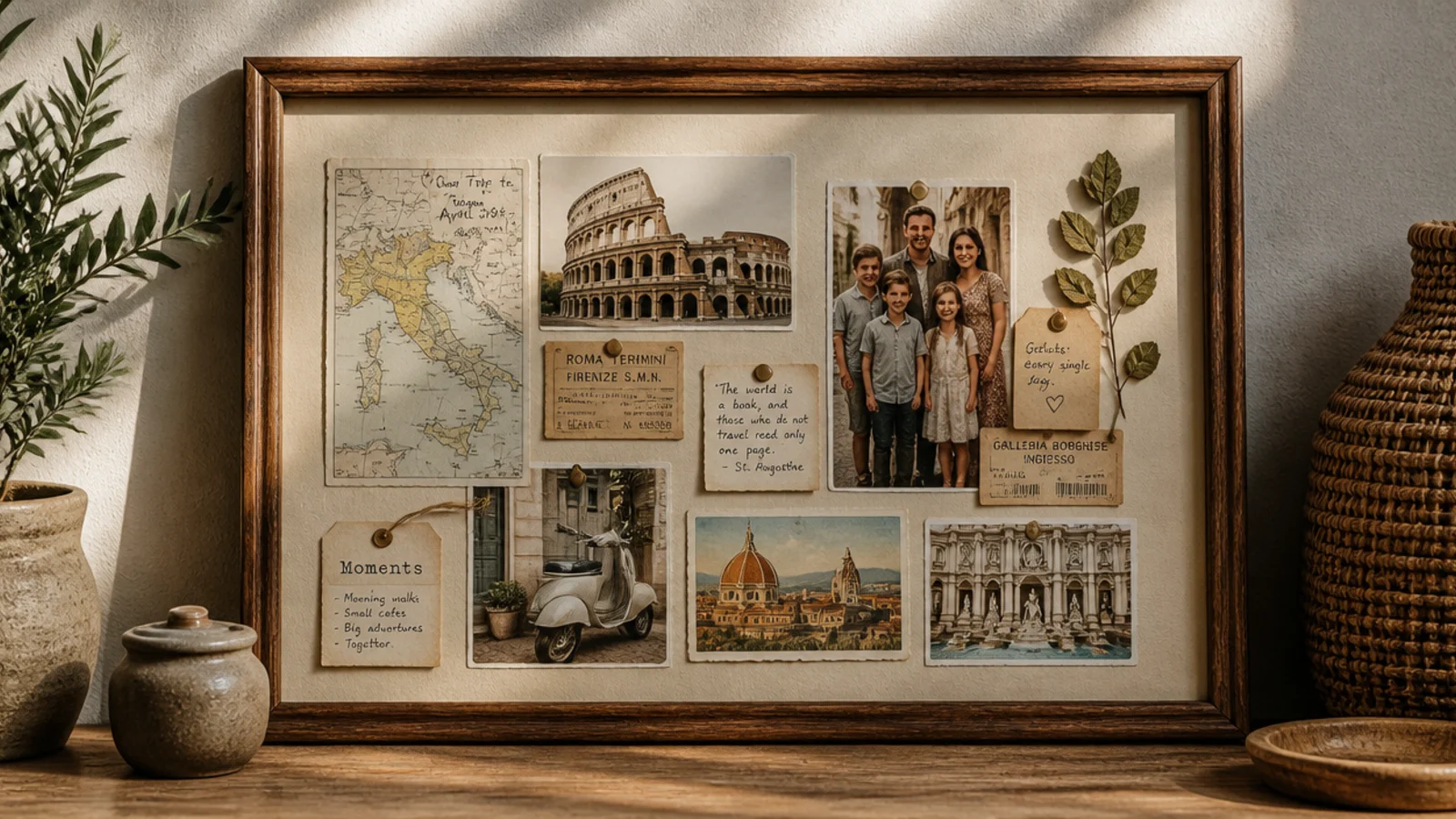 A collage mixing photos with small framed maps, tickets, and mementos telling a travel or family story.