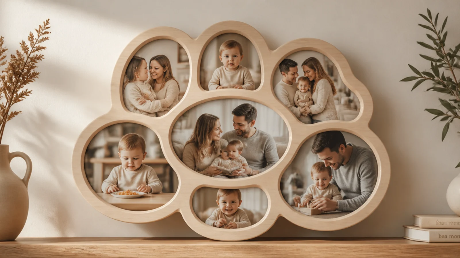 A loose organic cloud-shaped collage of frames with soft rounded edges filling the center of a wall.