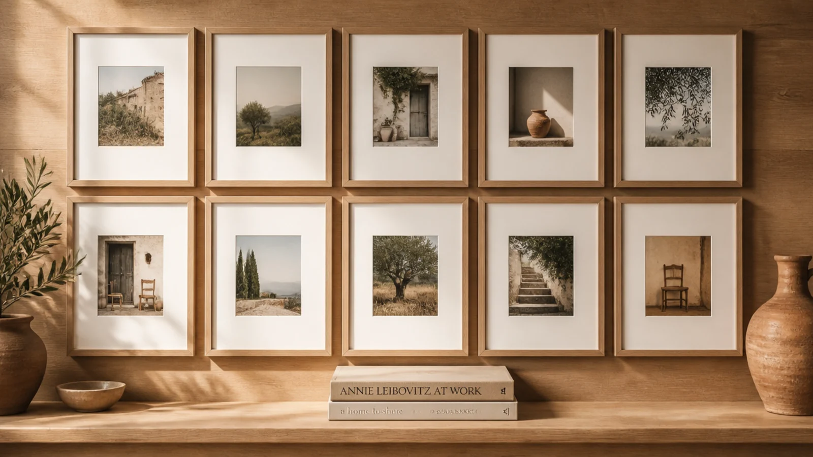 A collage of identical handmade wood frames in a coordinated arrangement filling a large wall.