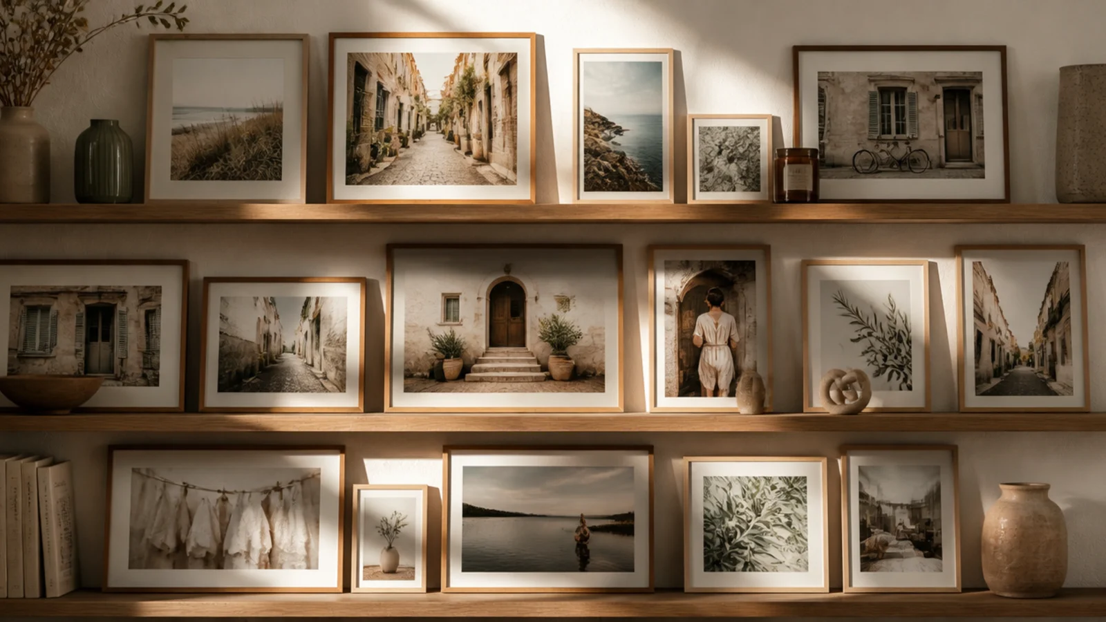 Several stacked picture ledges across a big wall holding many leaning, overlapping framed photos.