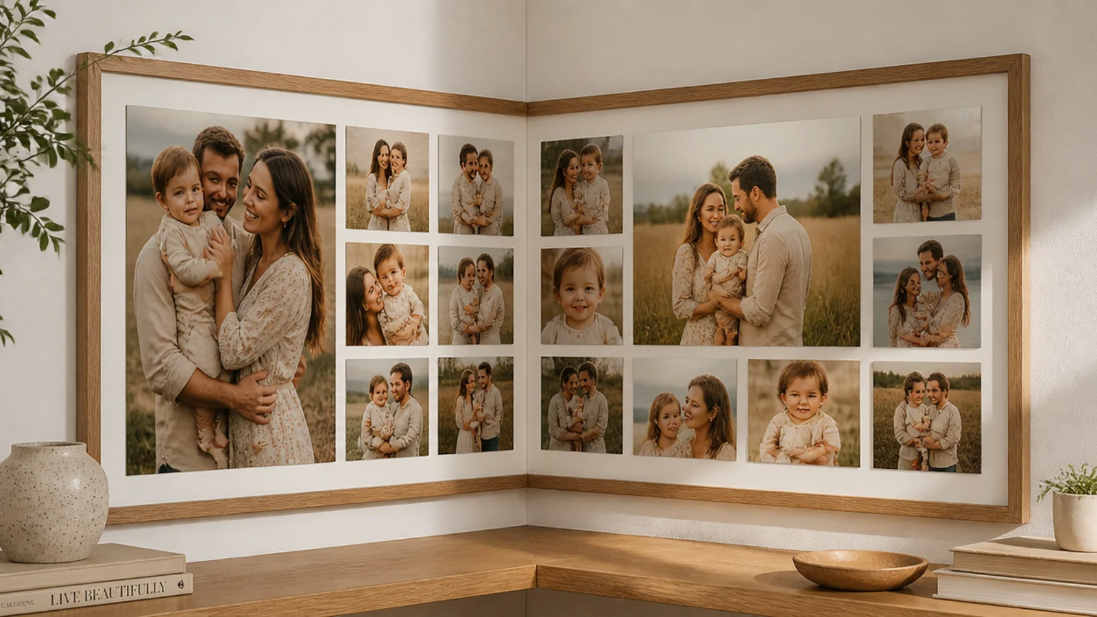 A large collage that wraps around a room corner, continuing across both adjoining walls seamlessly.