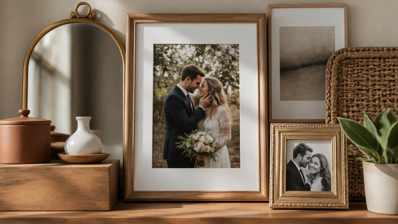 A collage blending framed photos with a mirror, a small artwork, and a woven piece for varied texture.