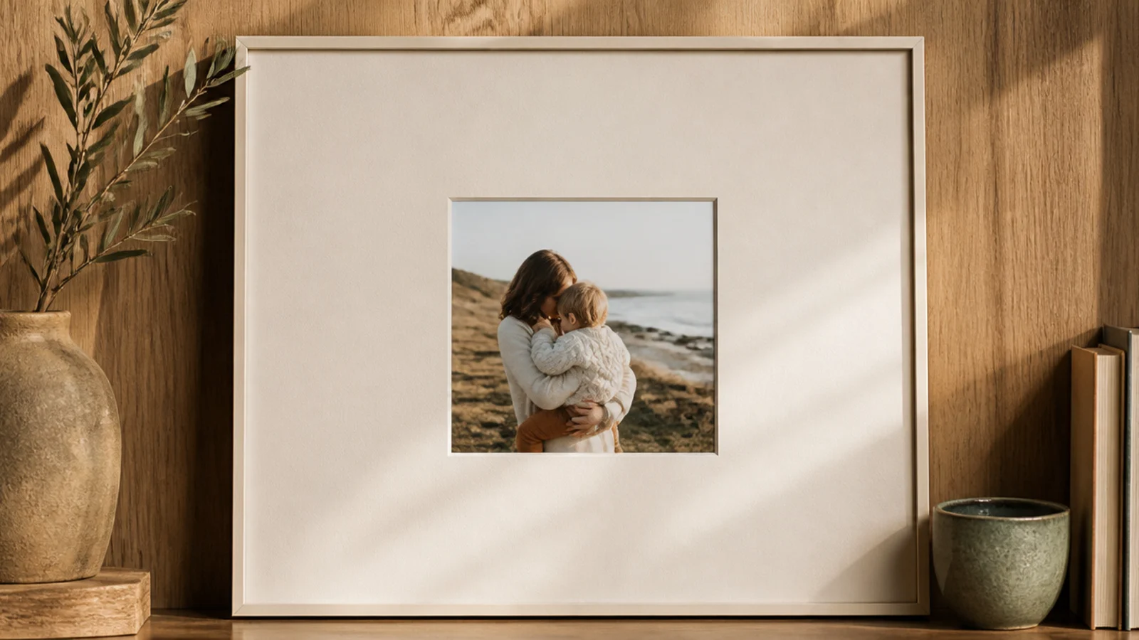 A clean cream frame cut from cardboard with a wide even mat border around a small central photo.