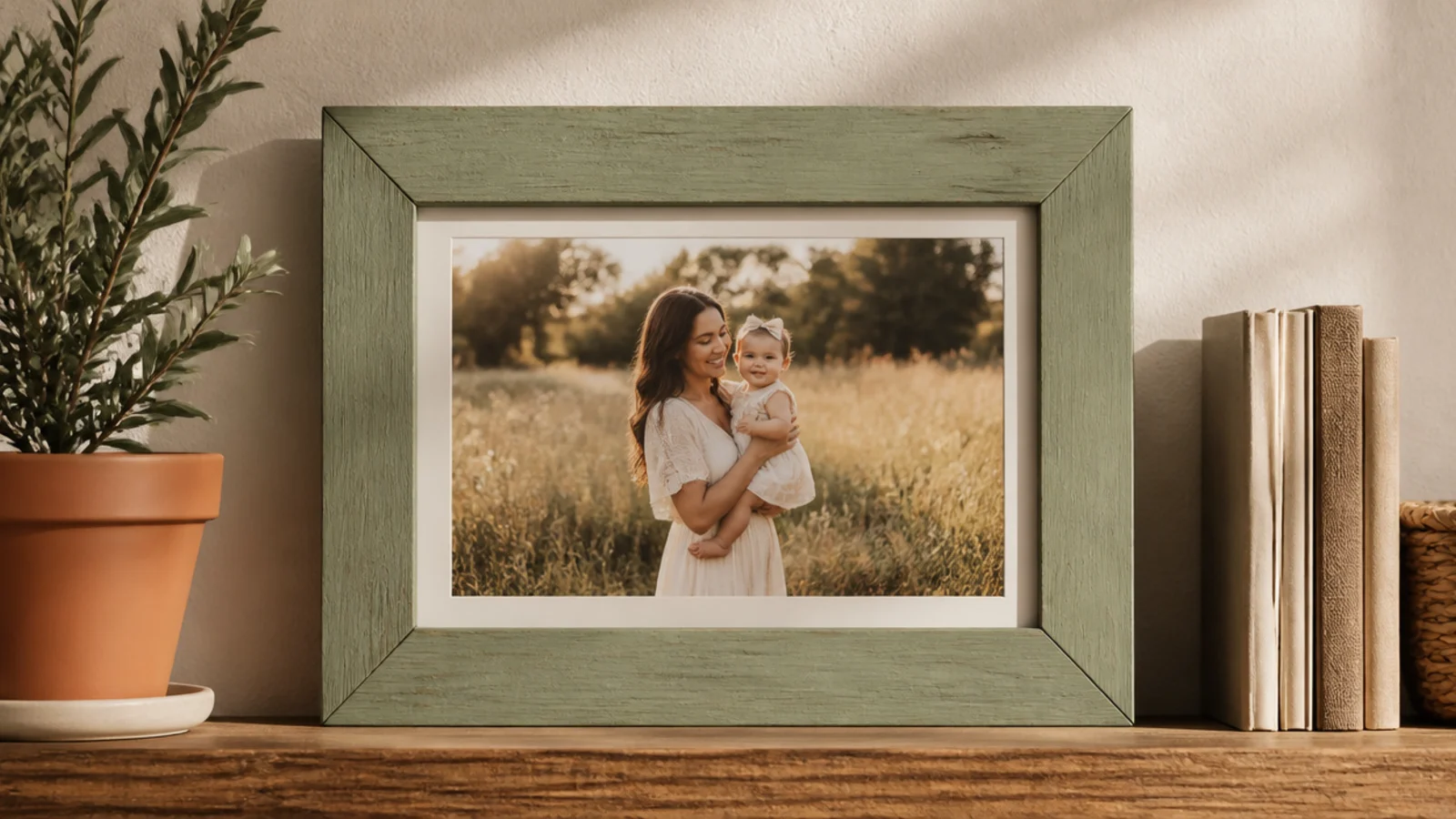 A frame built from four free paint stir sticks painted muted sage, joined at the corners around a photo.