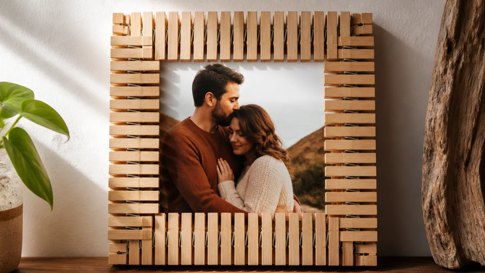 A square frame made from wooden clothespins clipped edge to edge around a cardboard backing and photo.