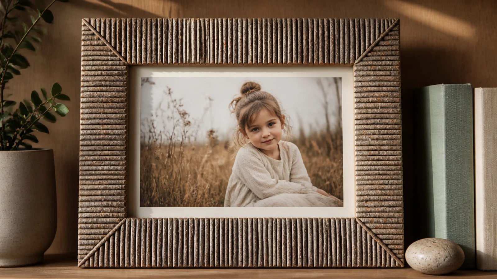 A rustic frame edged with straight dried twigs glued side by side around a photo, natural bark showing.