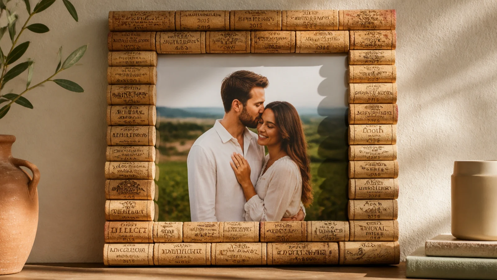 A frame border made from wine corks glued horizontally side by side around a central photo.