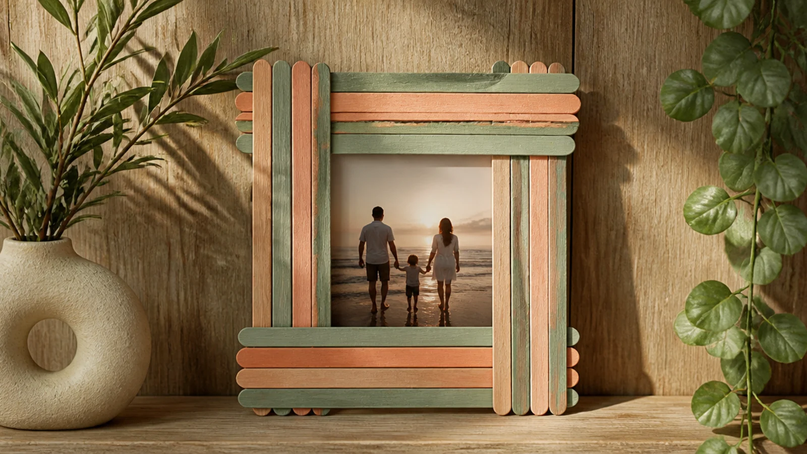 A small frame built from craft sticks painted in two muted colors, stacked in a neat square.