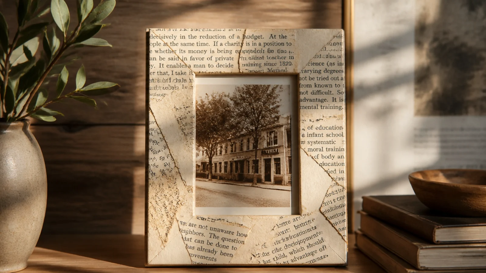 A frame decoupaged in aged book pages laid flat, surrounding a sepia photo, with a warm vintage look.