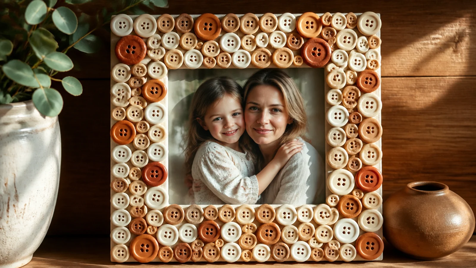 A frame covered in assorted buttons in cream, tan, and terracotta tones glued in a mosaic around a photo.