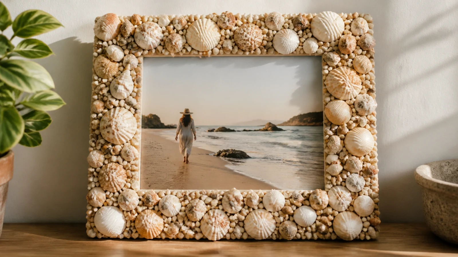 A frame covered in small collected seashells in sandy tones glued around a beach photo.
