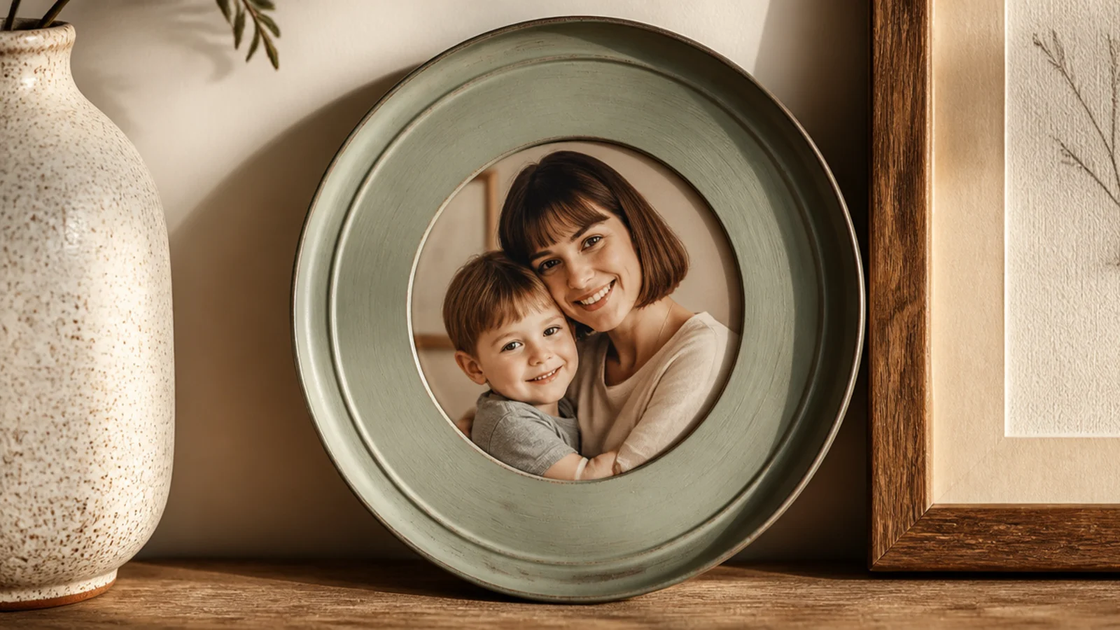 A round frame made from a flattened tin can lid painted matte and holding a small round photo.