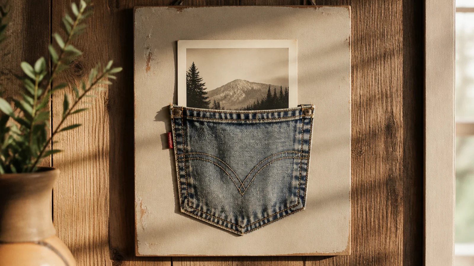 An old jeans back pocket mounted on a board, holding a photo tucked into the pocket like a display.