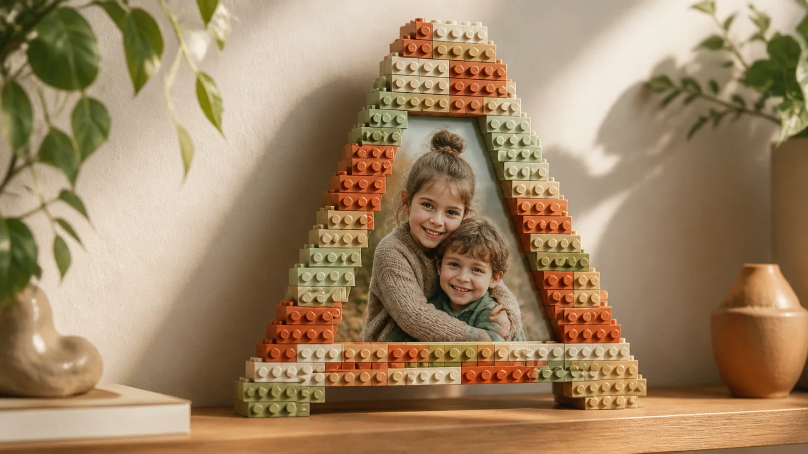A frame built from interlocking toy building bricks in muted colors around a photo, playful and sturdy.