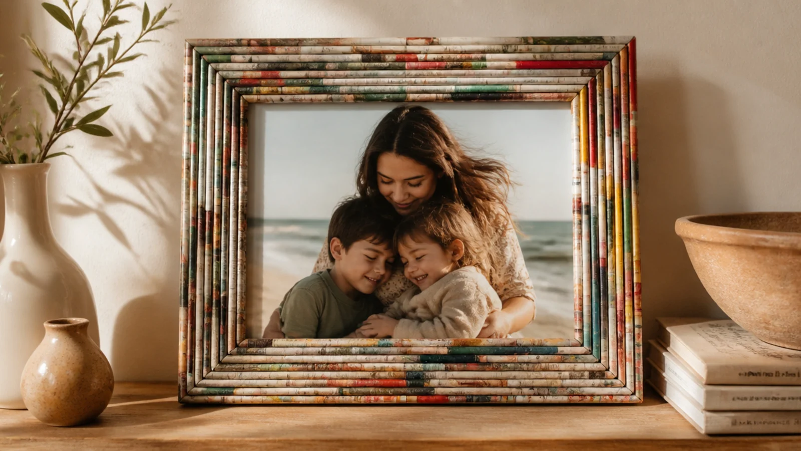 A frame border made from tightly rolled magazine paper tubes arranged around a photo, colorful and textured.