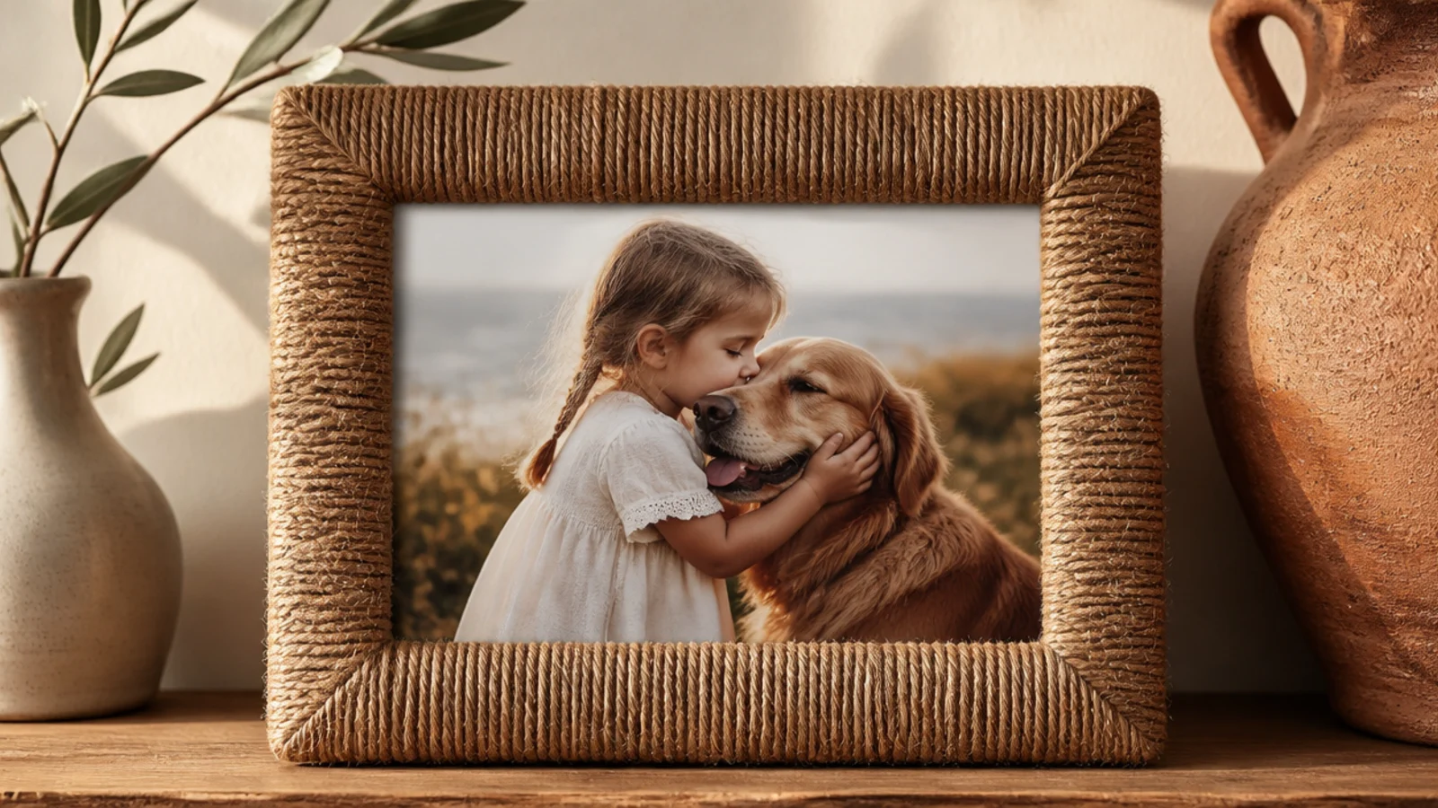 A frame wrapped tightly in natural jute rope coiled around all four sides, holding a photo.