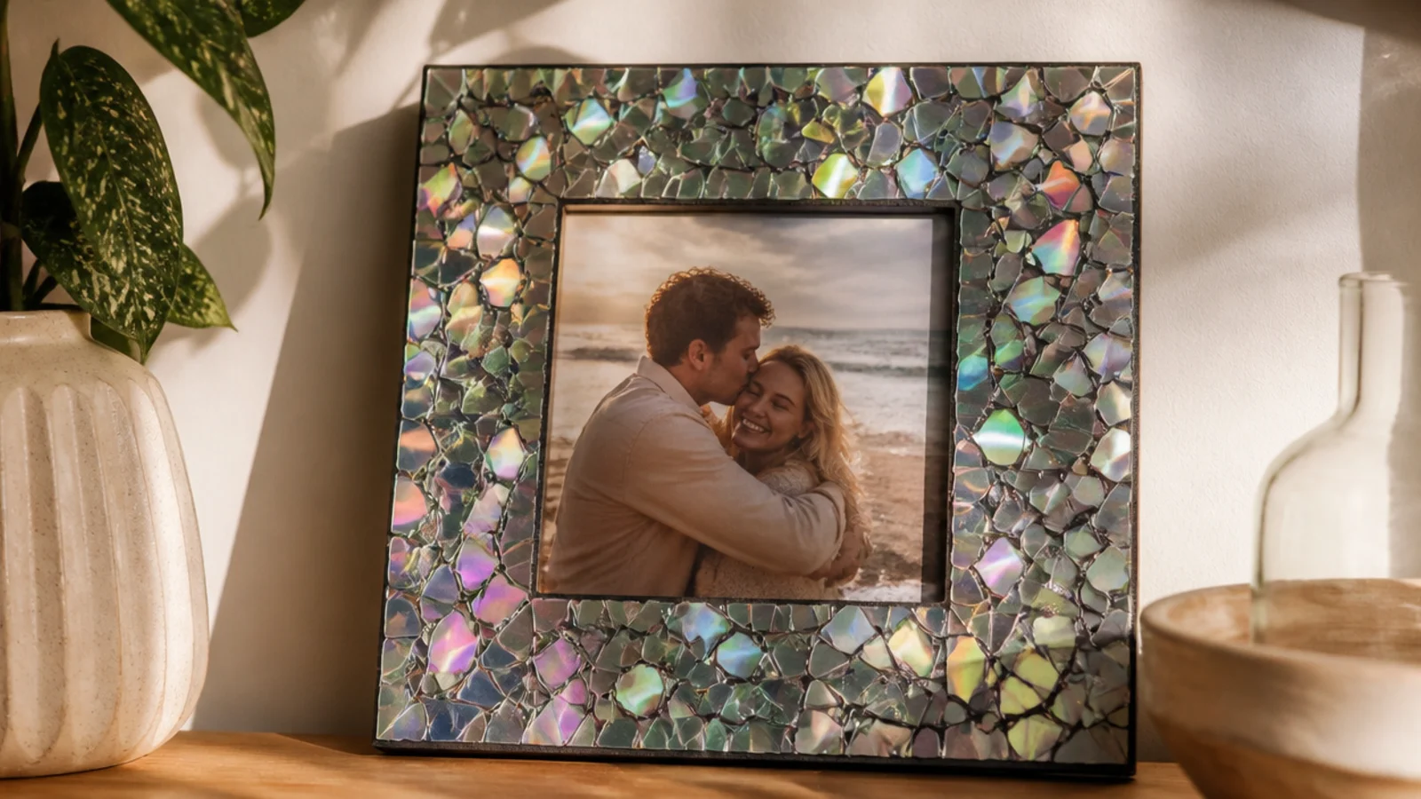 A frame covered in shattered CD pieces that shimmer iridescent around a photo, mosaic-style.