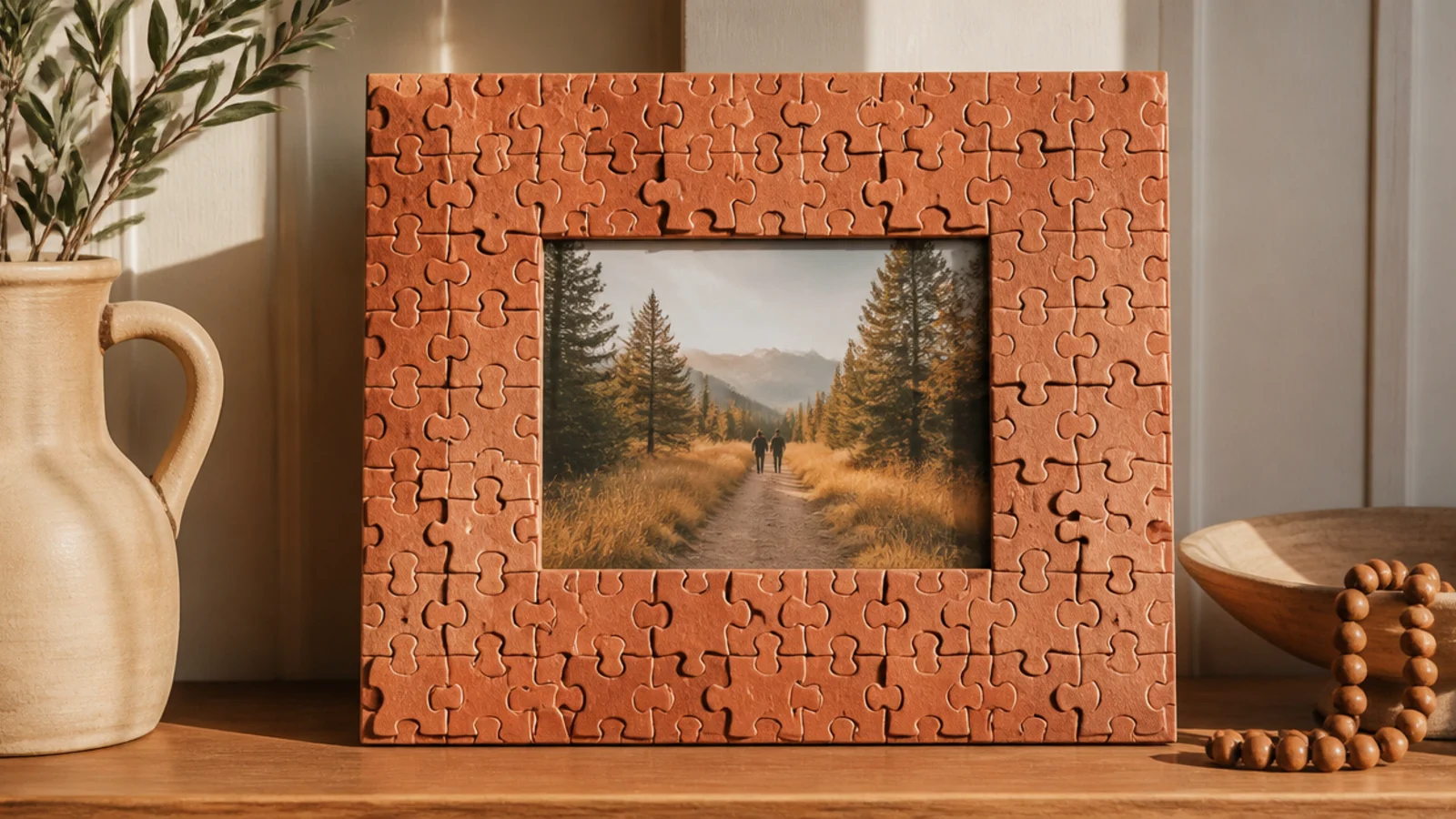A frame covered in jigsaw puzzle pieces painted one color, overlapping around a photo for texture.