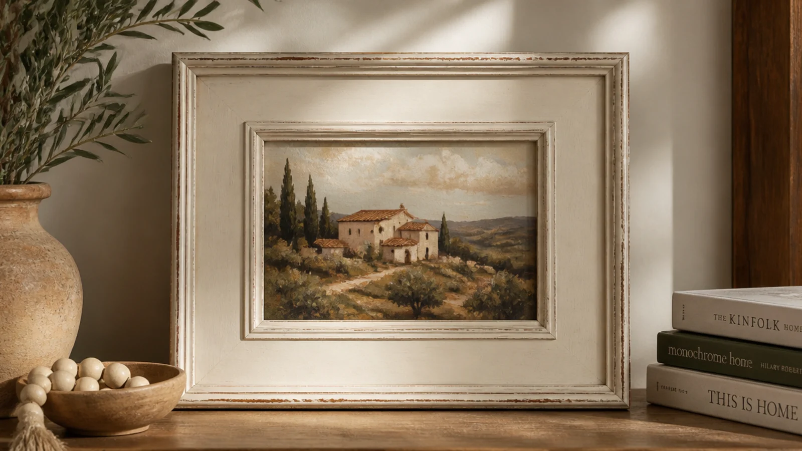 A dated thrift frame repainted in soft matte chalk-paint cream with lightly distressed edges.