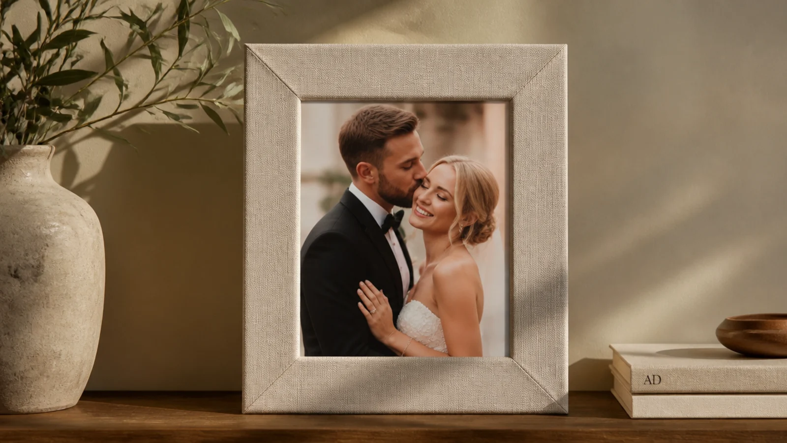 A frame wrapped in a neutral linen fabric scrap with neat folded corners around a photo opening.
