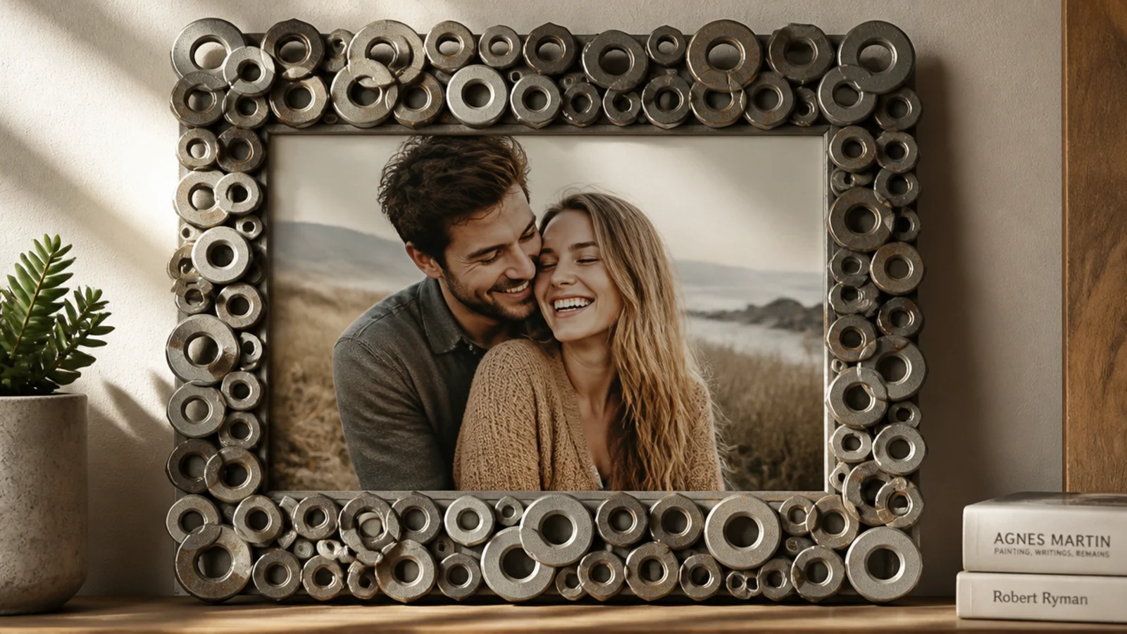 A frame border made from metal washers and hex nuts glued around a photo for an industrial look.