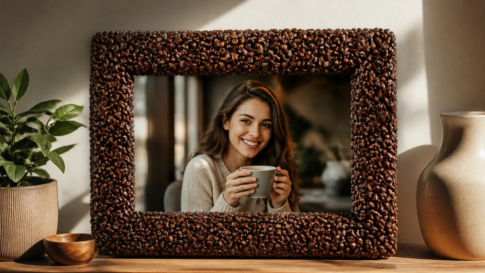 A frame border densely covered in whole coffee beans glued around a photo, rich brown and textured.