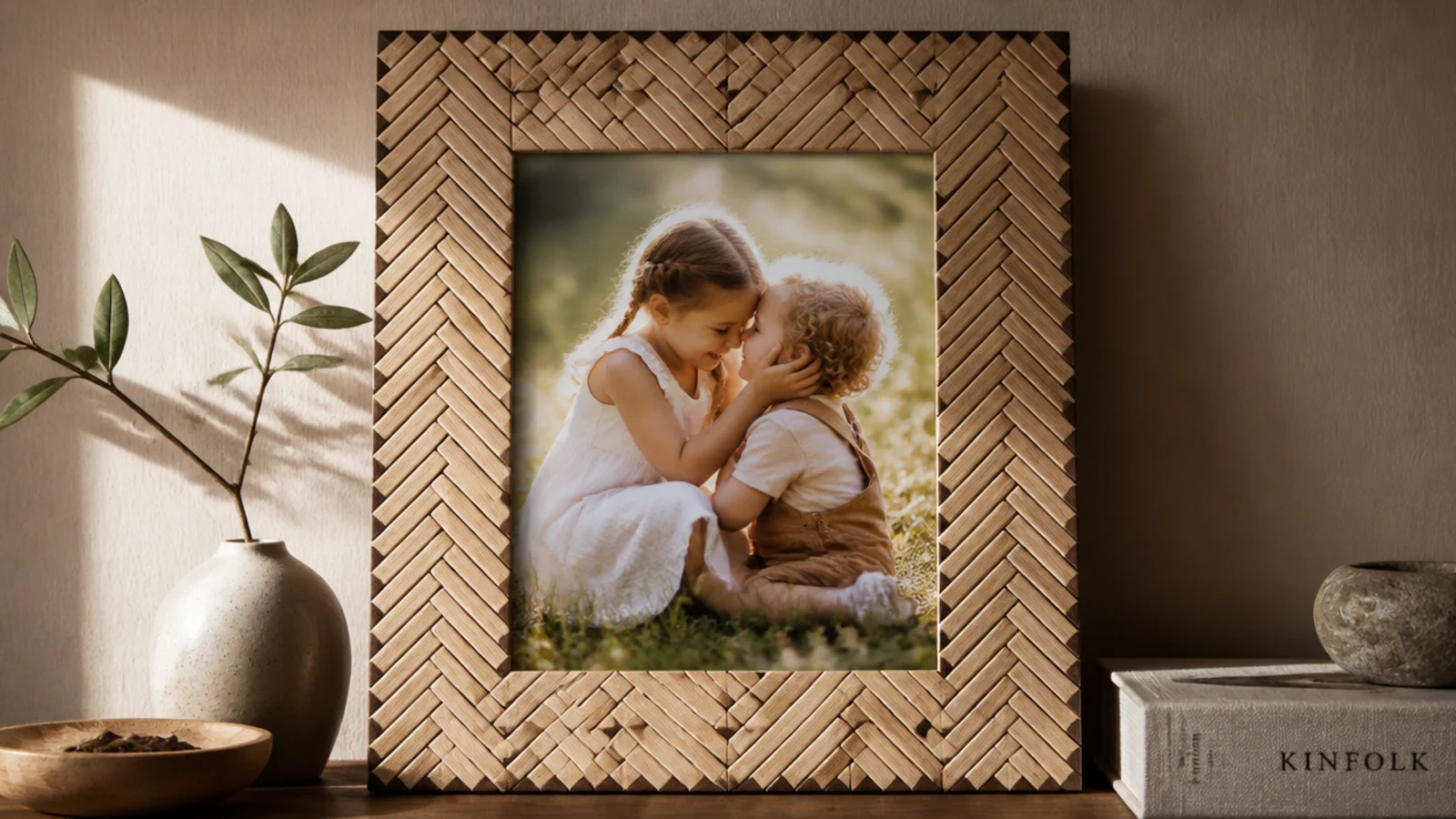 A frame border made from spent or craft matchsticks laid in a tight herringbone pattern around a photo.