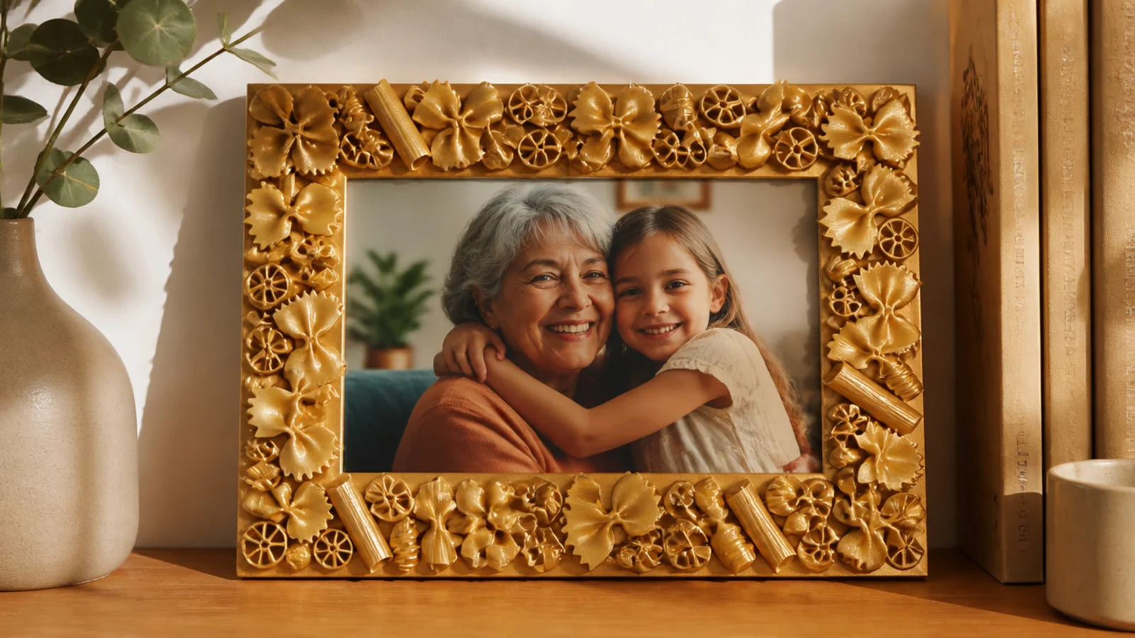 A frame covered in dried pasta shapes painted gold, glued in a decorative border around a photo.