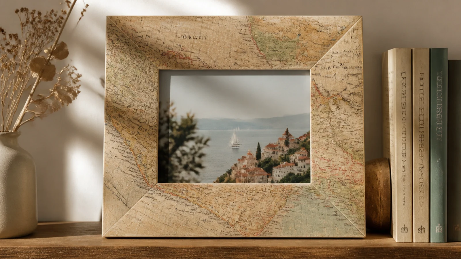 A frame decoupaged in an old map, muted tones, surrounding a travel photo.