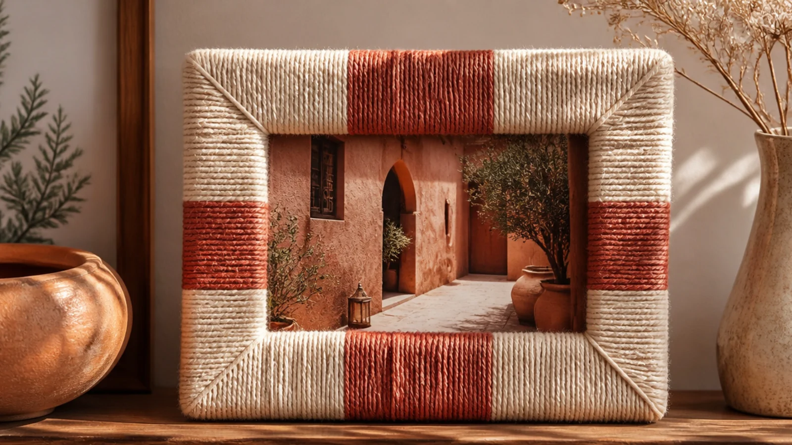 A frame wrapped in soft cream and terracotta yarn wound around the border in neat bands.