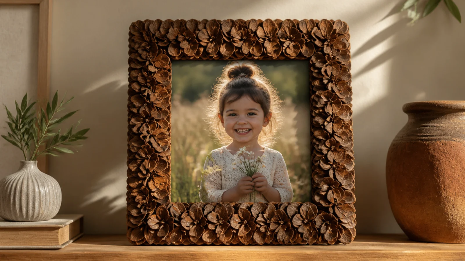 A frame border covered in pinecone scales layered like petals around a photo, natural brown texture.