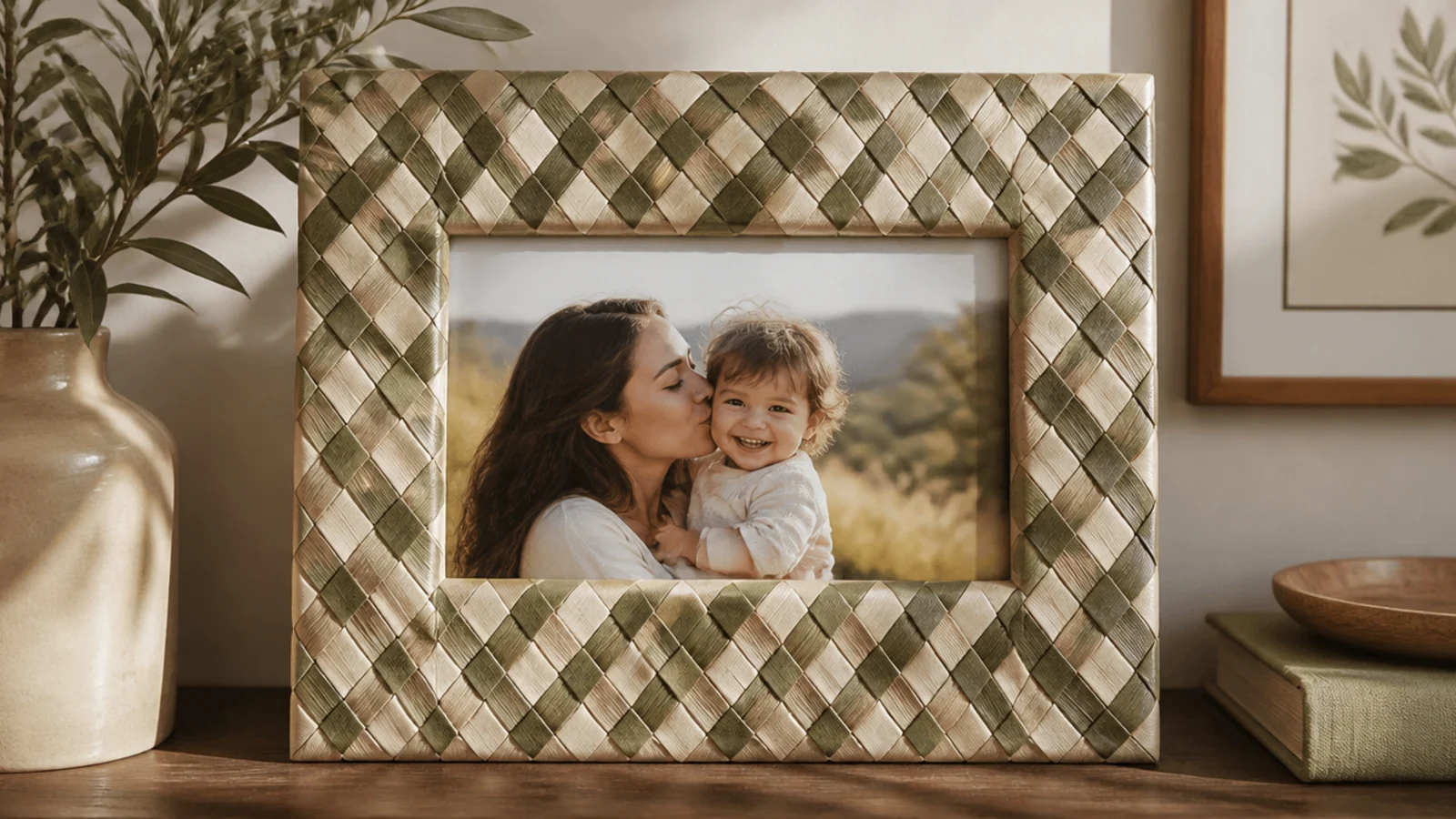 A frame face woven with cream and sage ribbons in a basket-weave pattern around a photo opening.