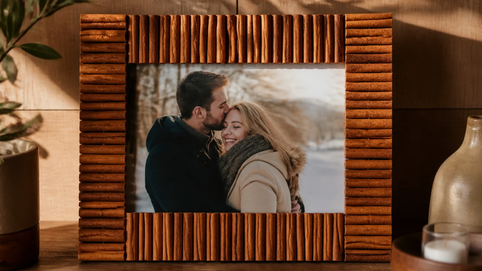 A frame edged with cinnamon sticks laid side by side around a photo, warm brown and fragrant.